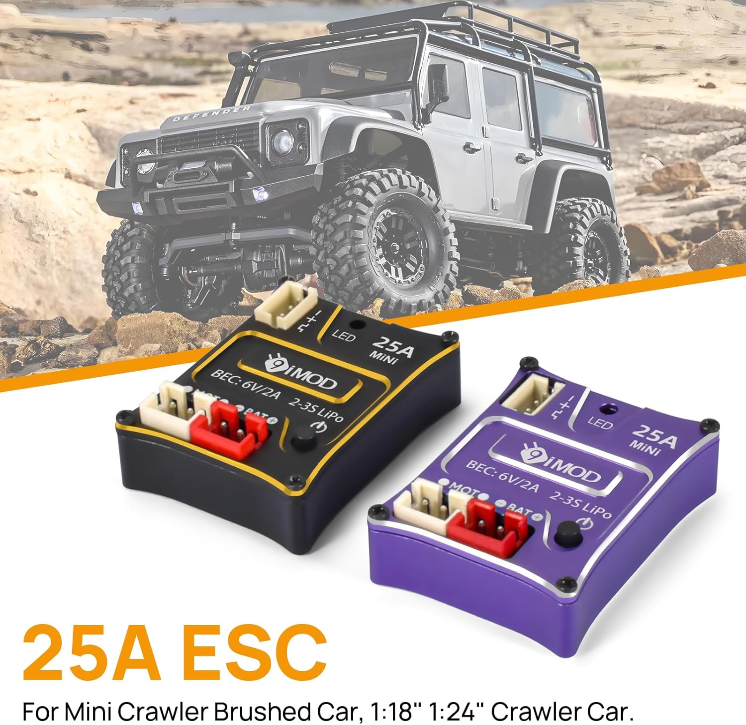 25A Mini Brushed ESC for 1/18 TRX4M Axial SCX24 RC Crawler Upgrade, 2-3s LiPo Micro RC ESC (Purple)