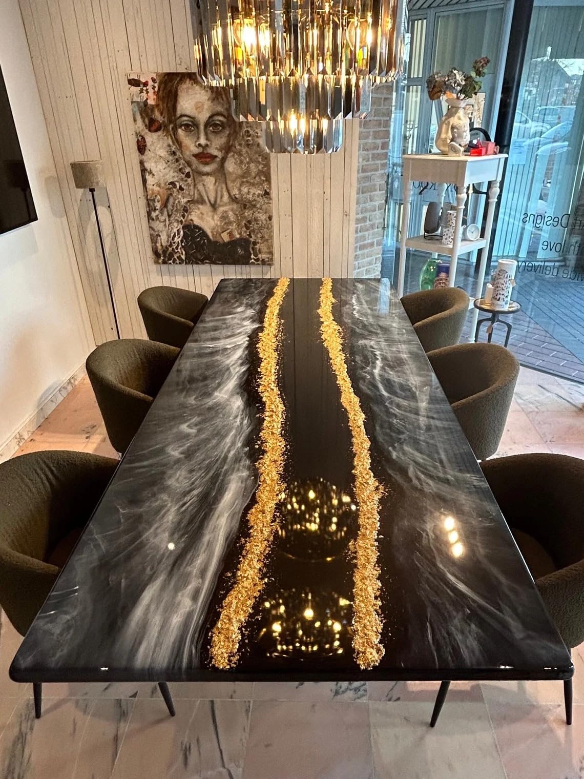 Large Indoor Resin Dining Table Luxury Black River Table with Gold