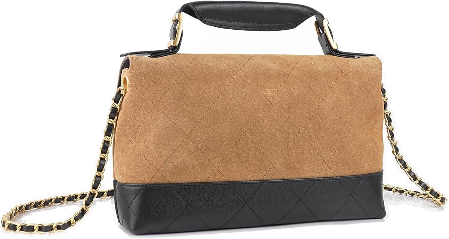Women's Quilted Shoulder Bag with Retro Patchwork Flap, Lambskin Leather & Suede