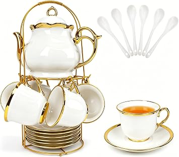 20 Pcs Porcelain Tea Set with Metal Holder, Adult Tea Set Gift, Large European Ceramic Tea Set for Adults, Flower Tea Cup Saucer Set for Party With Gold TrimFrench White/1100ml