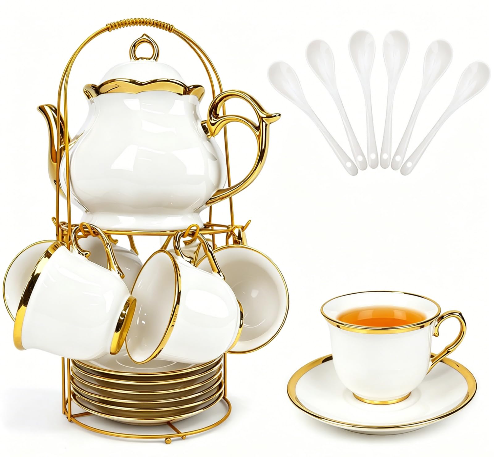 20 Pcs Porcelain Tea Set with Metal Holder, Adult Tea Set Gift, Large European Ceramic Tea Set for Adults, Flower Tea Cup Saucer Set for Party With Gold Trim(French White/1100ml) — image 1