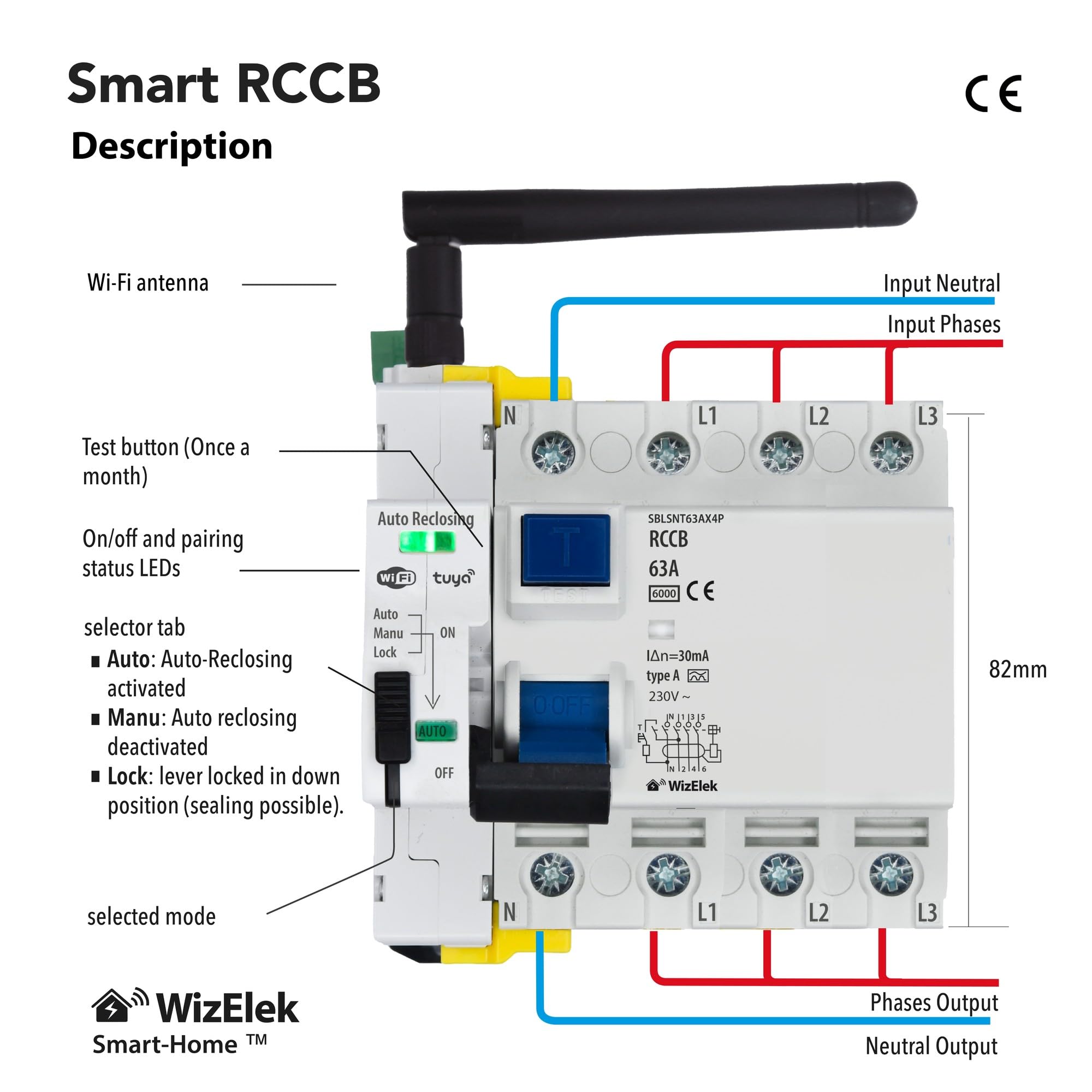 Smart-Home Salvavita Wi-Fi Tuya con Riarmo Automatico 4P Trifase 63A 30mA Tipo A&AC – Controllo Remoto – 5 Moduli DIN – RCCB EN 61008-1