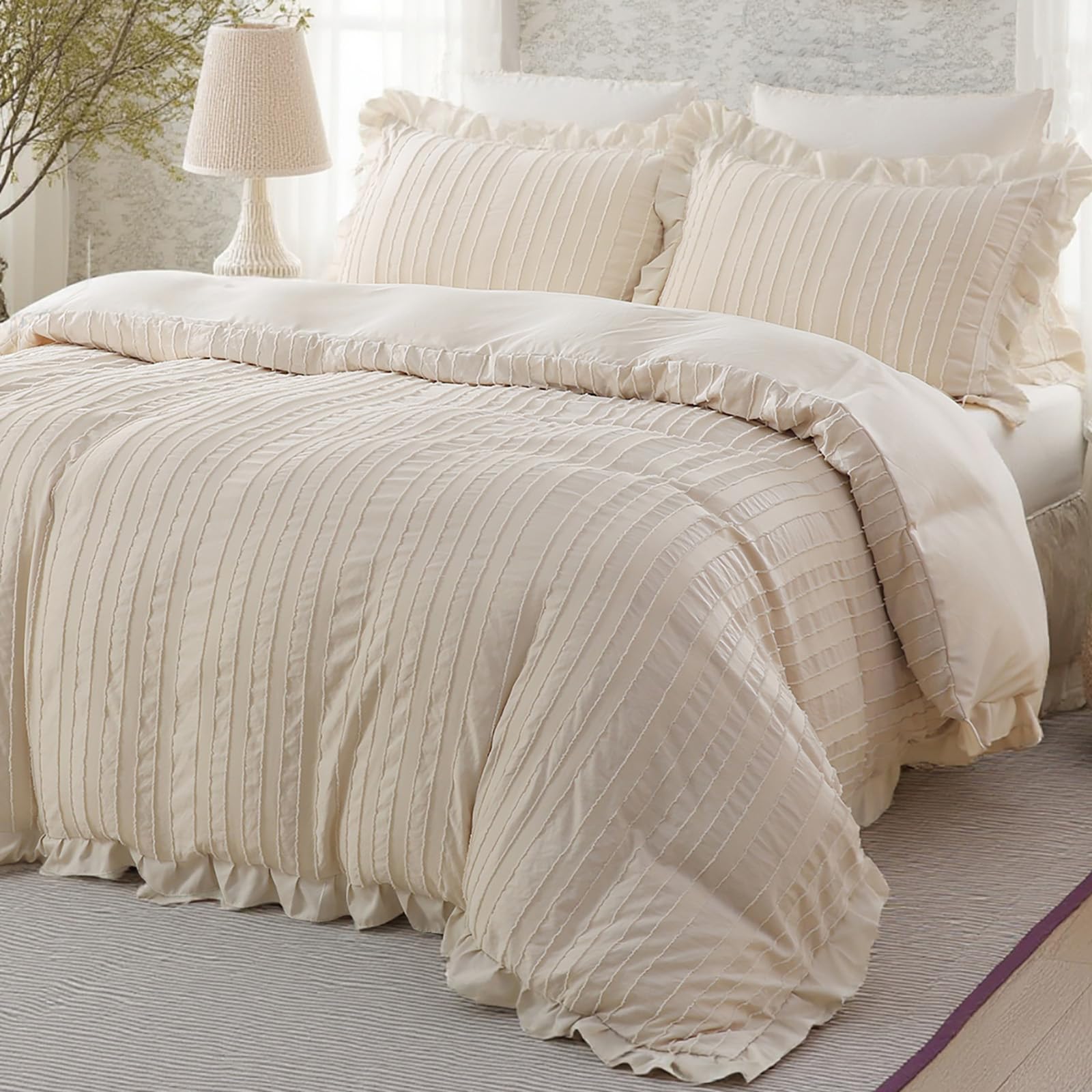 MOVE OVER 3 Pieces Beige Ruffle Comforter Set Queen Size Boho Bedding Comforter Set Super Soft and Vintage Ruffle Bedding Set Striped Textured Design Fluffy Tufted Comforter Set