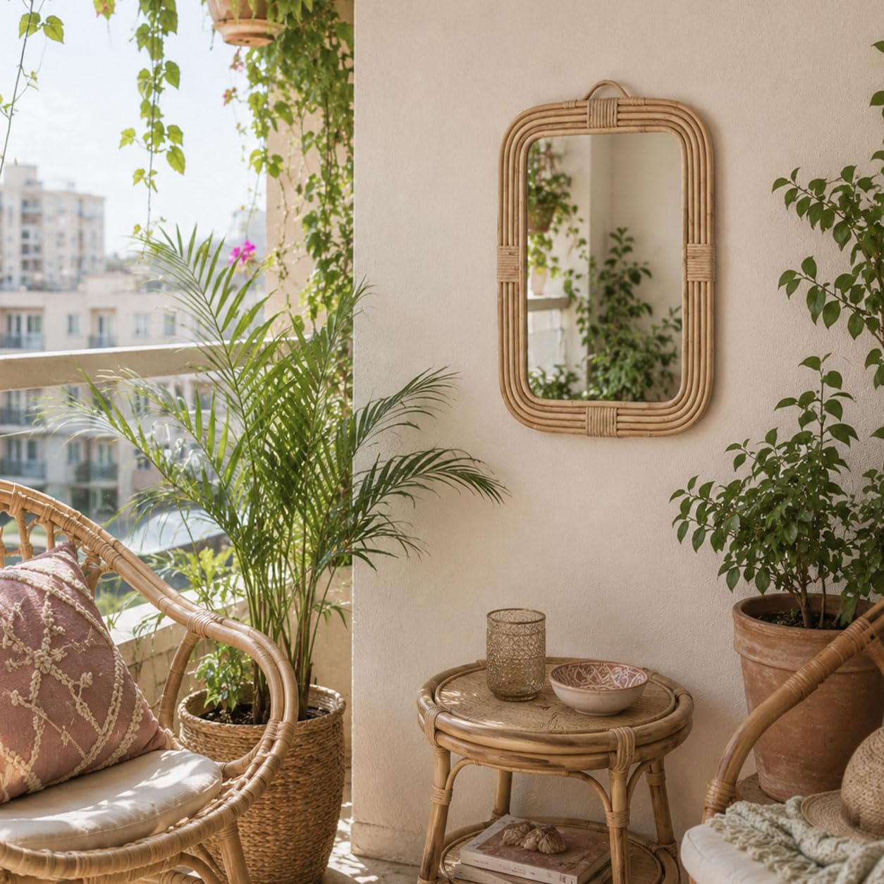 Decorasian Specchio da parete in rattan, rettangolare (50 x 35 cm), intrecciato a mano, design bohémien, decorazione da parete sostenibile per il corridoio