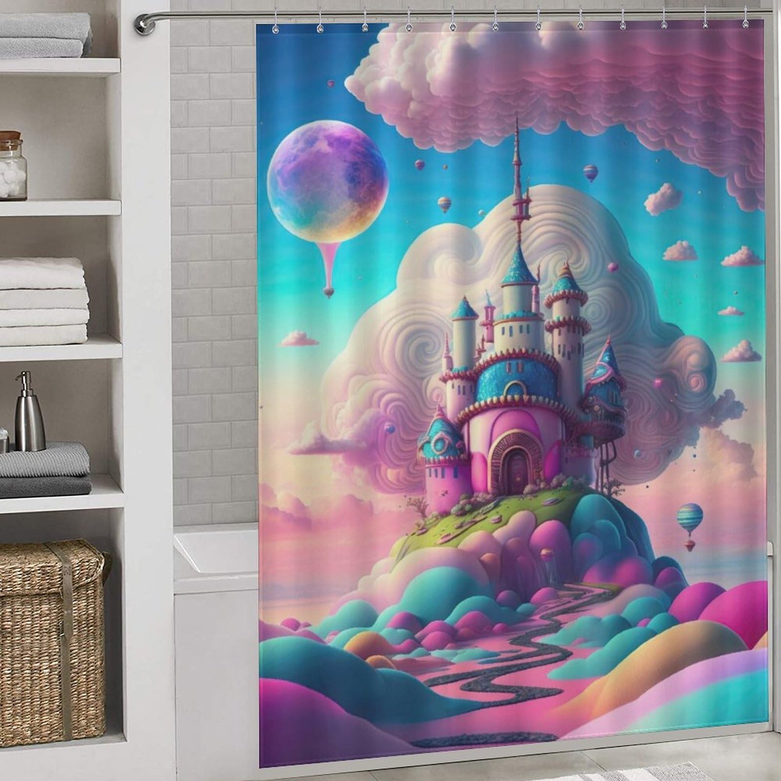Rideau de douche en tissu lavable au motif coloré avec ses 12 crochets