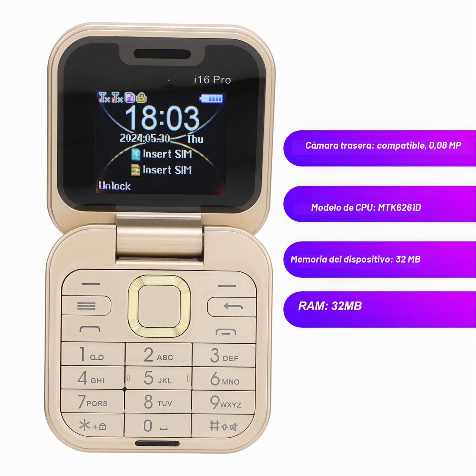Dpofirs Teléfono con Tapa para Niños y Personas Mayores, Teléfono Celular con Tapa Desbloqueado 2G, Doble SIM, Botones Grandes, Linterna LED, Memoria 16 GB, Color Oro