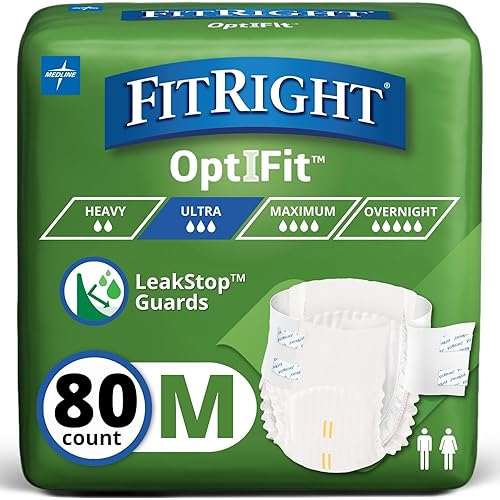 FitRight Adult Diapers, Ultra Heavy Absorbency, M (Waist Size 32in-44in), 80 Count, OptiFit Incontinence Briefs for Men and Women, Disposable, Moisture-Wicking, Leak Protection,