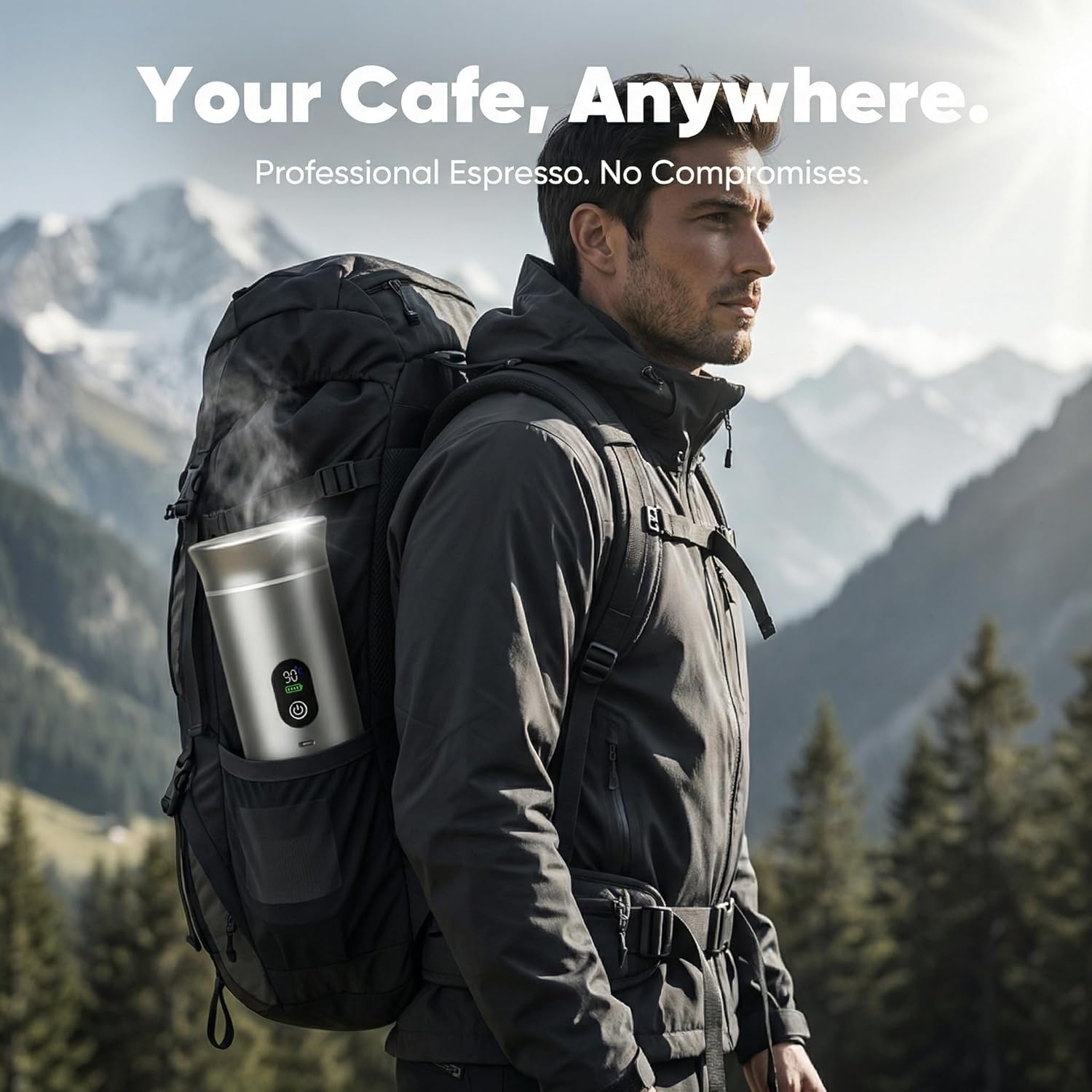 Portable Espresso Coffee Maker, Battery Operated Rechargeable Travel Espresso Machine, Self Heating Mini Coffee Maker for Camping & Car, Works with Ground Coffee and Small/Large Capsules, 80ml Cup