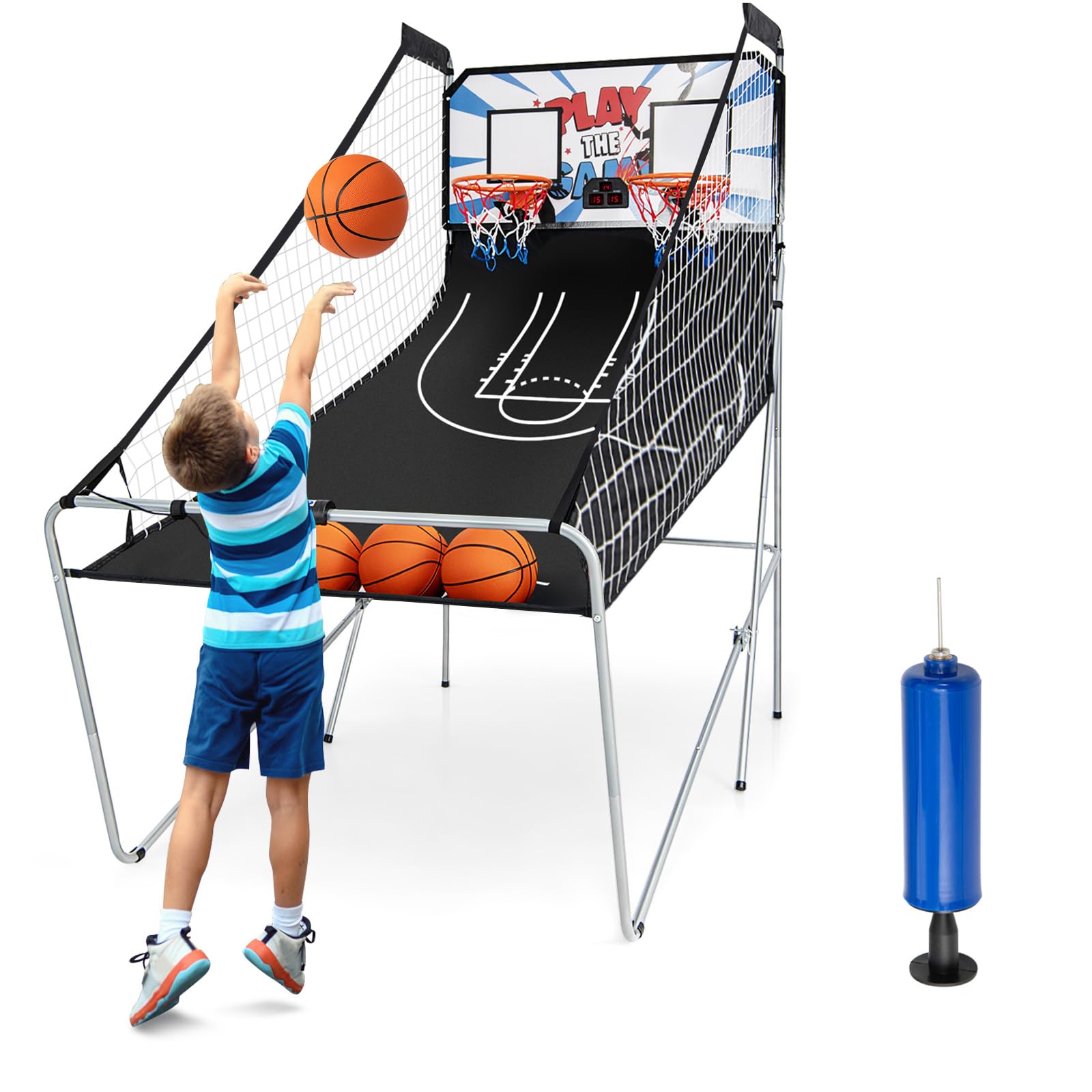 LIFEZEAL Gioco Arcade di Pallacanestro pieghevole, doppio cestino da Basket con 8 modalità di gioco e contatore per 2 persone, rete di sicurezza, telaio in metallo, 4 palloncini, 1 pompa