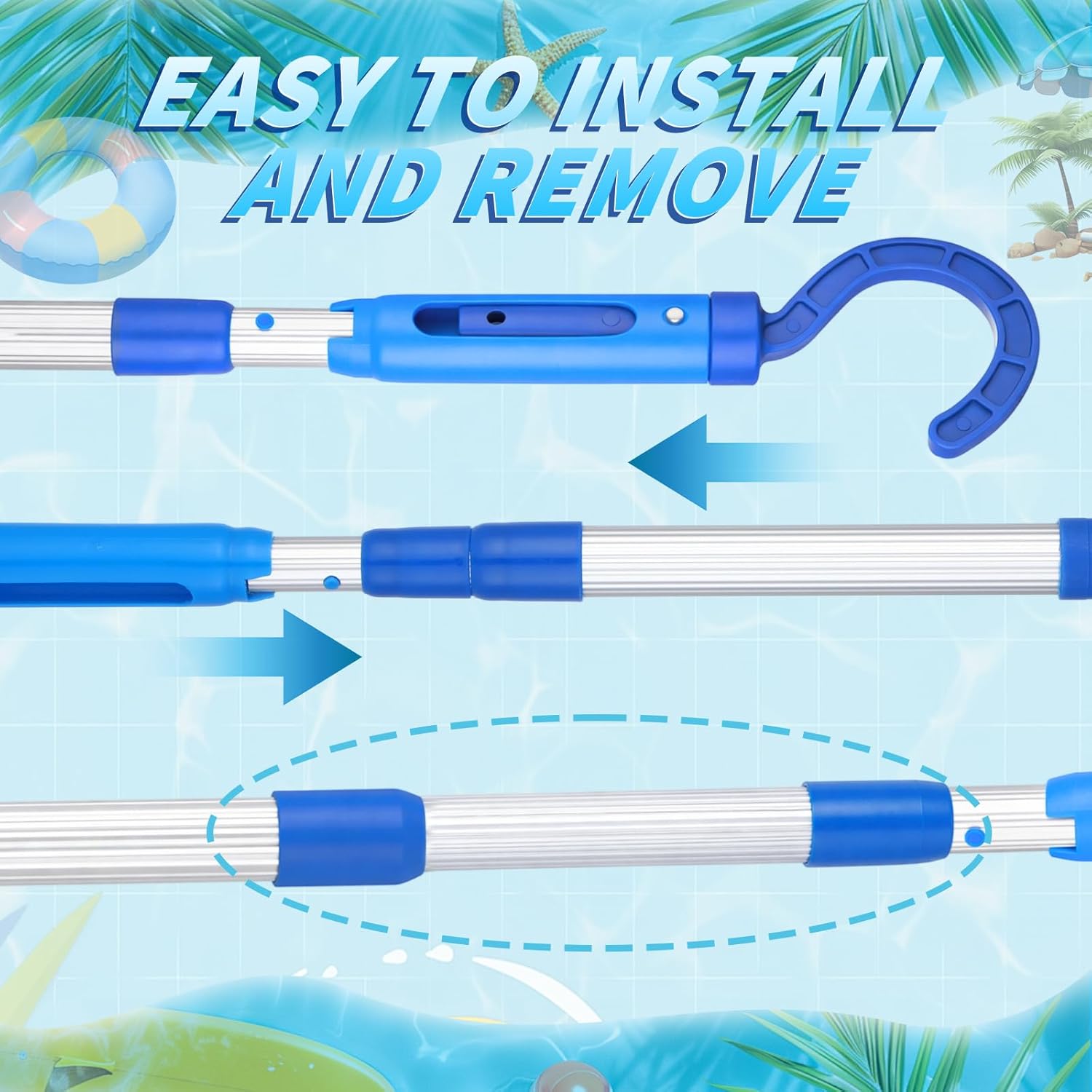 Hushee Hook for All Robotic Pool Cleaner with 45'' Telescopic Aluminum Pole Deep Blue Adjustable Swimming Pool Accessories Hook Cleaning Pole for Grabbing the Robotic Vacuum Cleaner