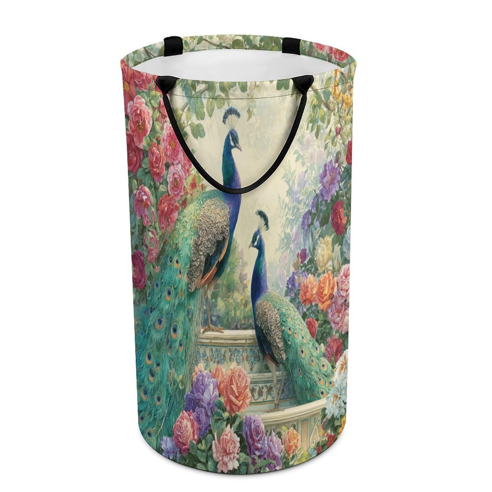 LUYYSKY Vintage Romantic Elegant Peacock Versatile Storage Laundry Basket, Modern Realistic Garden Rose Flowers Animal Peacock Large Capacity Bathroom Hamper With Handle