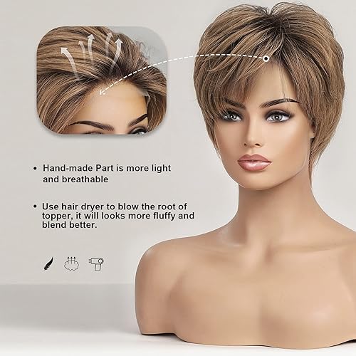 Miniatura 4 de EMMOR Peluca de encaje frontal HD, peluca de cabello humano con flequillo, peluca corta natural en capas, ondulada, diferentes estilos, pelucas