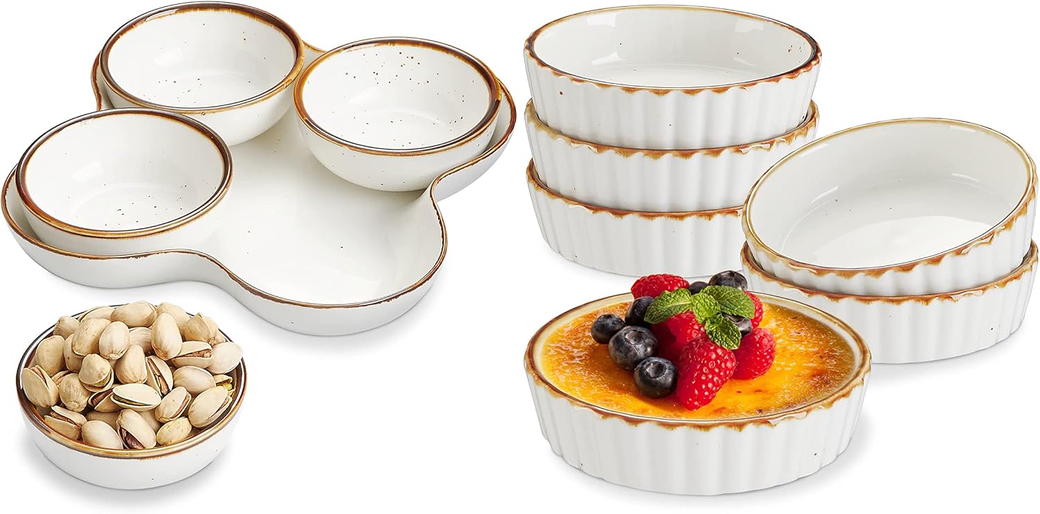 Chip and Dip Serving Set & 4 oz Shallow Creme Brulee Ramekins - Perfect for Entertaining, Elegant Design, Versatile, Durable and Easy to Clean