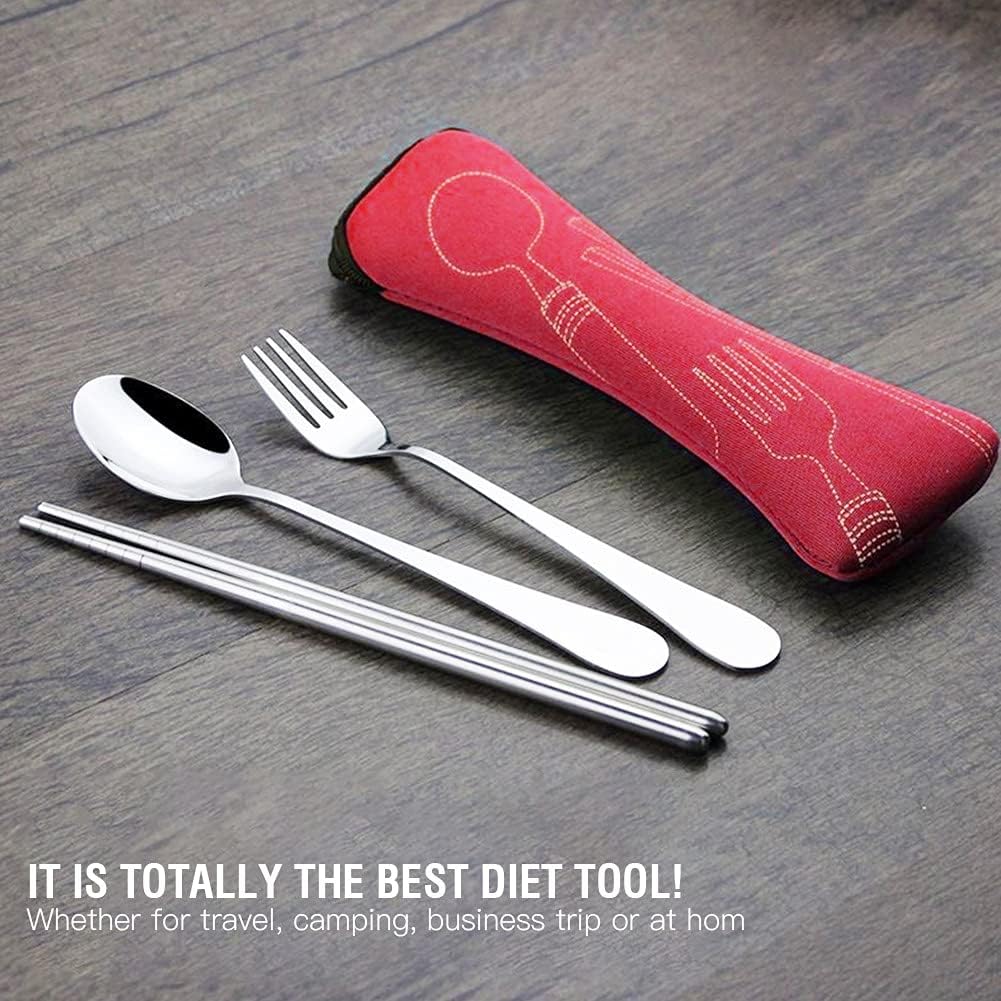 Horoper Travel Utensils Stainless Steel 4pcs Cutlery Set Portable Stainless Steel Spoon Fork Chopsticks with Storage Bag Camping Cutlery Tableware Set Include Fork Spoon