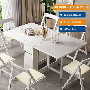 Folding Dining Table Set with 4 Chairs, Wooden Extendable Dining Table Drop Leaf Table for Kitchen Dining Room Living Room Restaurant-1.4m,Wood Color