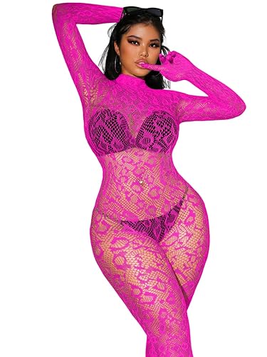 EHSUYAB Sexy Lace Leopard Jumpsuit For Women, Fishnet Bodysuit Glow Party Club, Poster One Piece Mesh Full Body Rave Outfits - Neon Pink