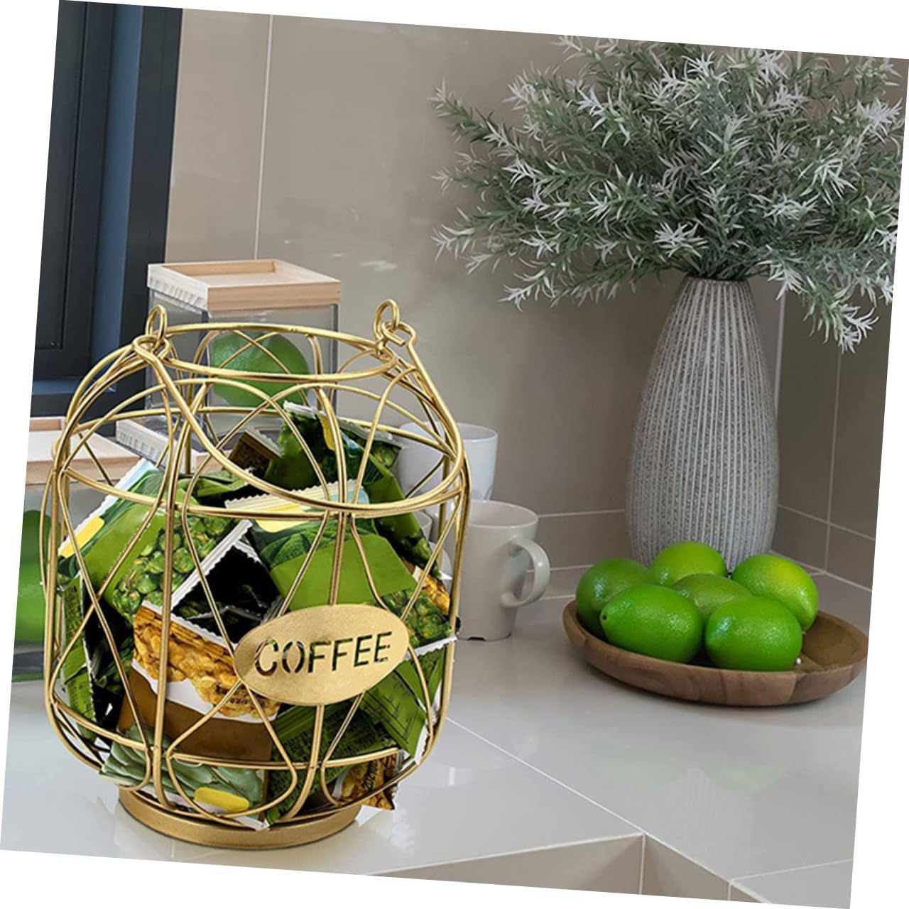 Desktop Coffee Holder Modern Iron Organizer Basket for Coffee Capsules Stylish Storage for Home Office and Cafe Decor Elegant Golden Finish