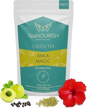 TeaNOURISH Amla Magic Green Tea | Whole Leaf Tea | Blended with Amla, Hibiscus, Fennel, Cardamom & Cinnamon | 100% NATURAL | Brew Hot or Iced Tea - 3.53oz/100g