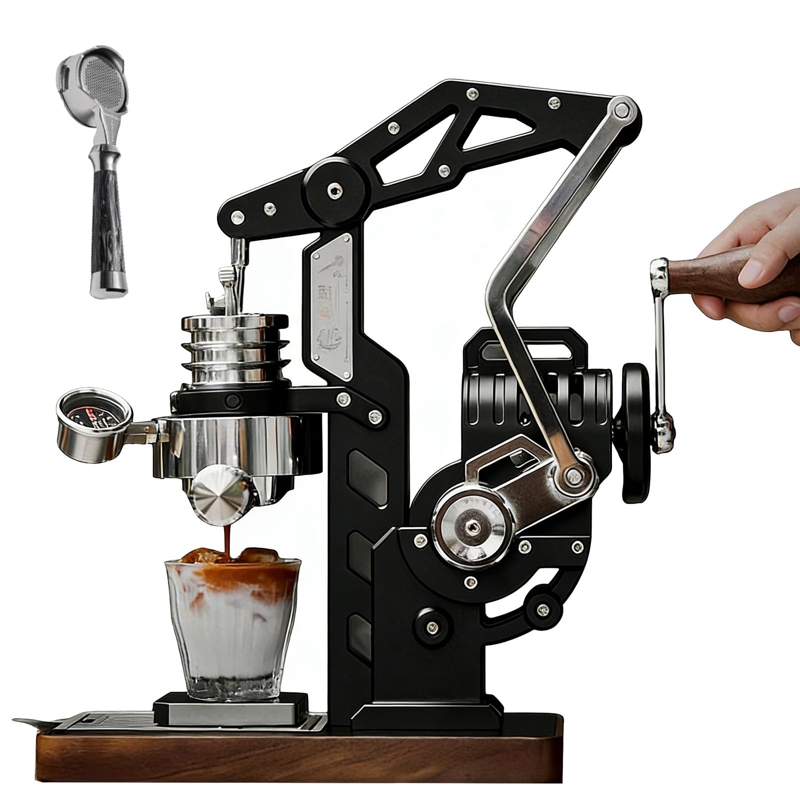 XNZJHPP Manual Espresso Machine - Hand Cranked 18 Bar Coffee Maker with Visual Pressure Gauge, Compatible with 58mm Portafilter for Home & Office Brewing (Without suitcase)