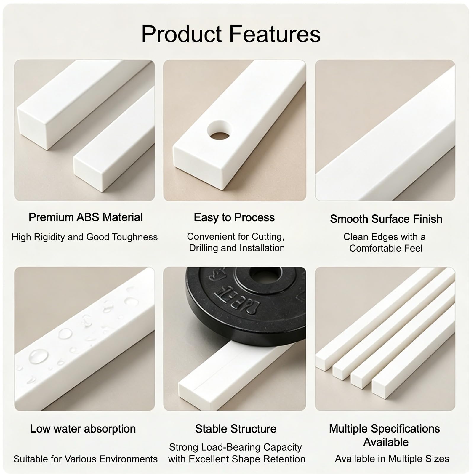 ABS-Kunststoff Rechteckige Flachstange Weiße Leiste Glatte Oberfläche Präzision für CNC-Bearbeitung DIY Robotik Strukturelle Fertigung Prototyping 500mm×35mm,6mm
