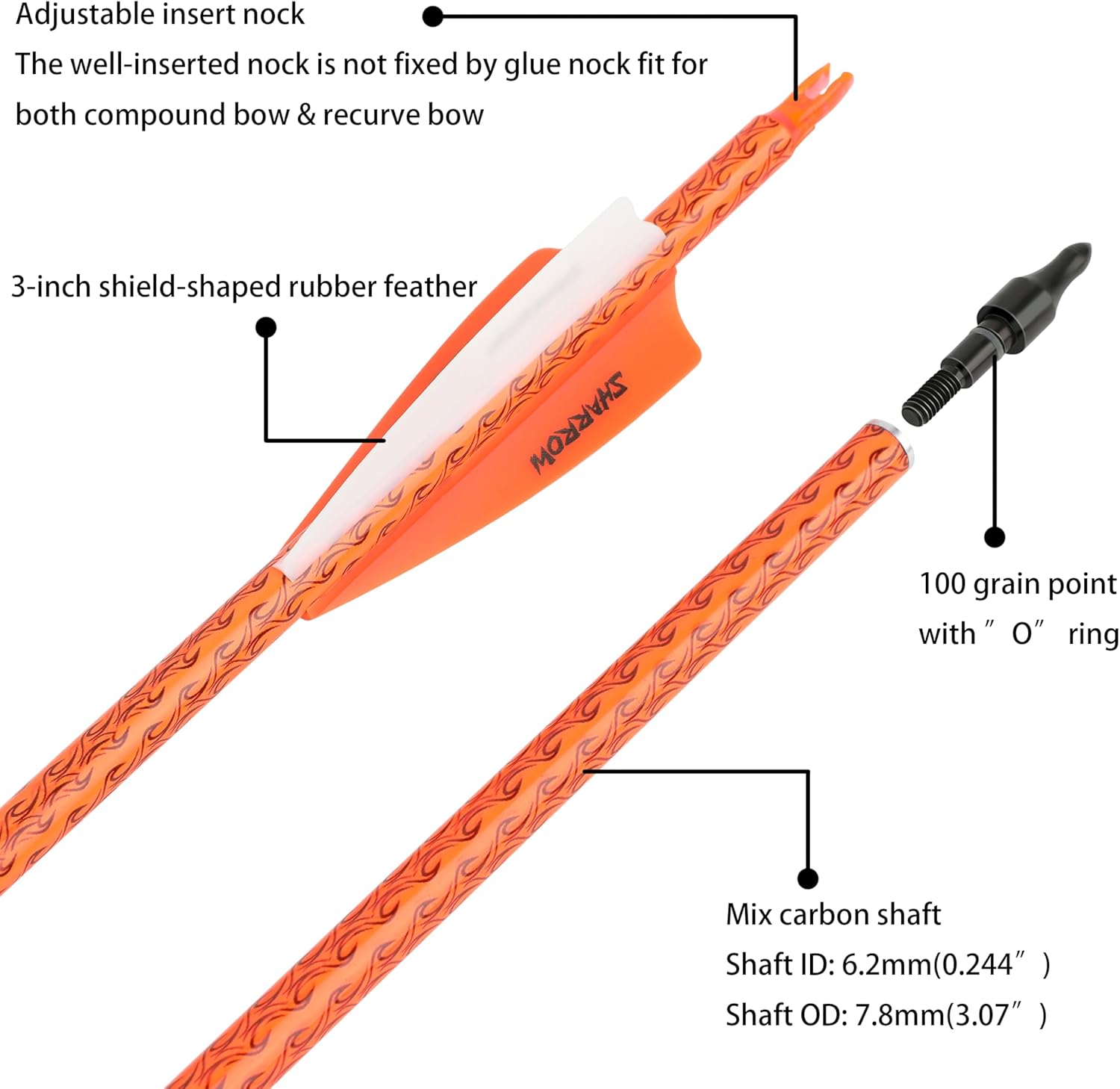 30 Inch Carbon Arrow Archery Targeting Hunting Arrows Spine 500 with 100 Grain Removable Tips for Compound & Recurve & Long Bow