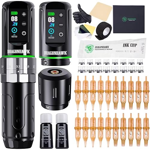 Dragonhawk Tattoo Kit, L3 Cordless/Cord Complete Tattoo Gun Rotary Pen Machine Kit, 2 Batteries, Power Supply with Extra Battery Rca Jack Part for Pro Artists