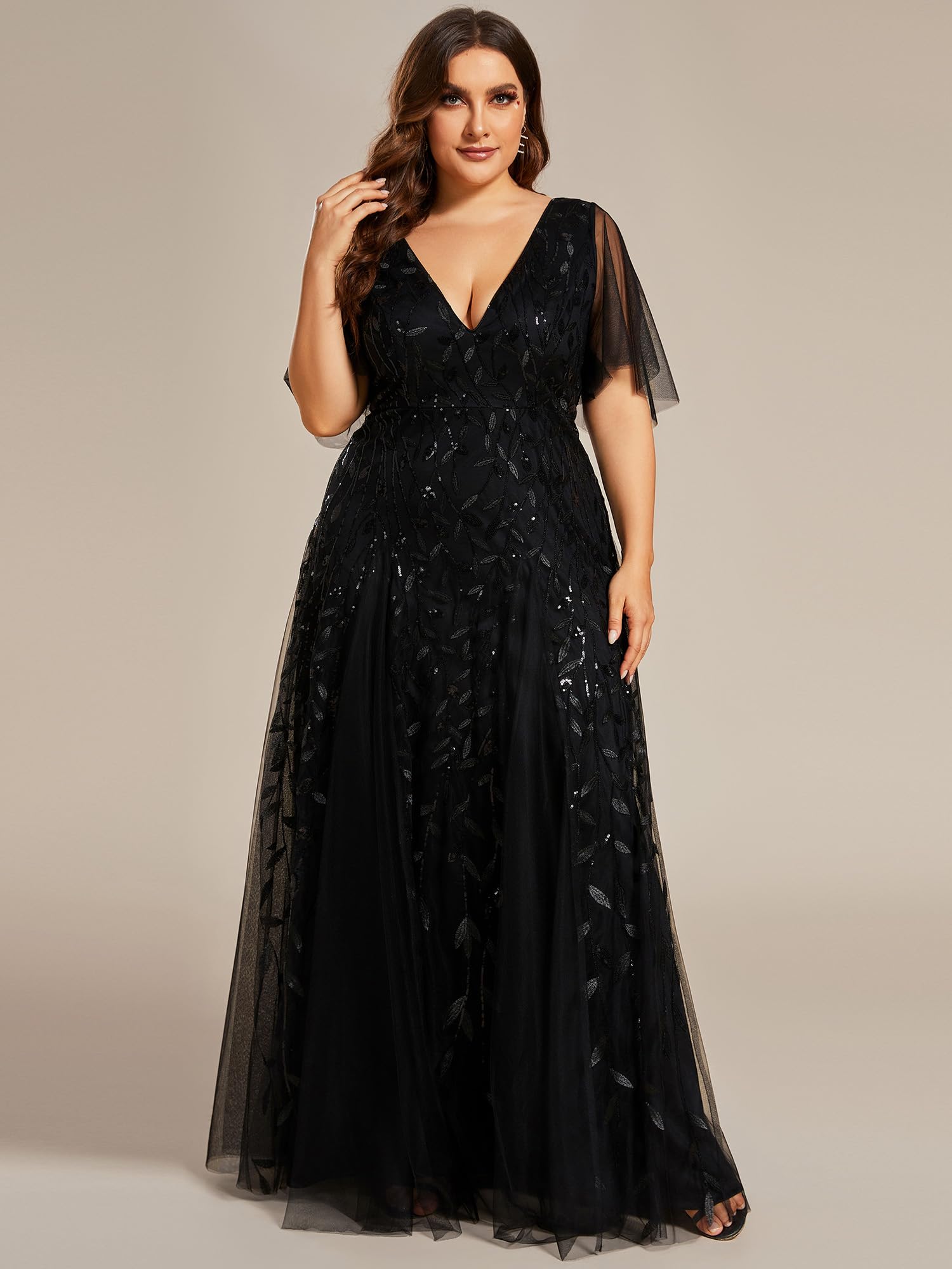 Ever-Pretty Abito da sera formale da donna con scollo a V e paillettes ricamate a una linea di lunghezza al pavimento con maniche