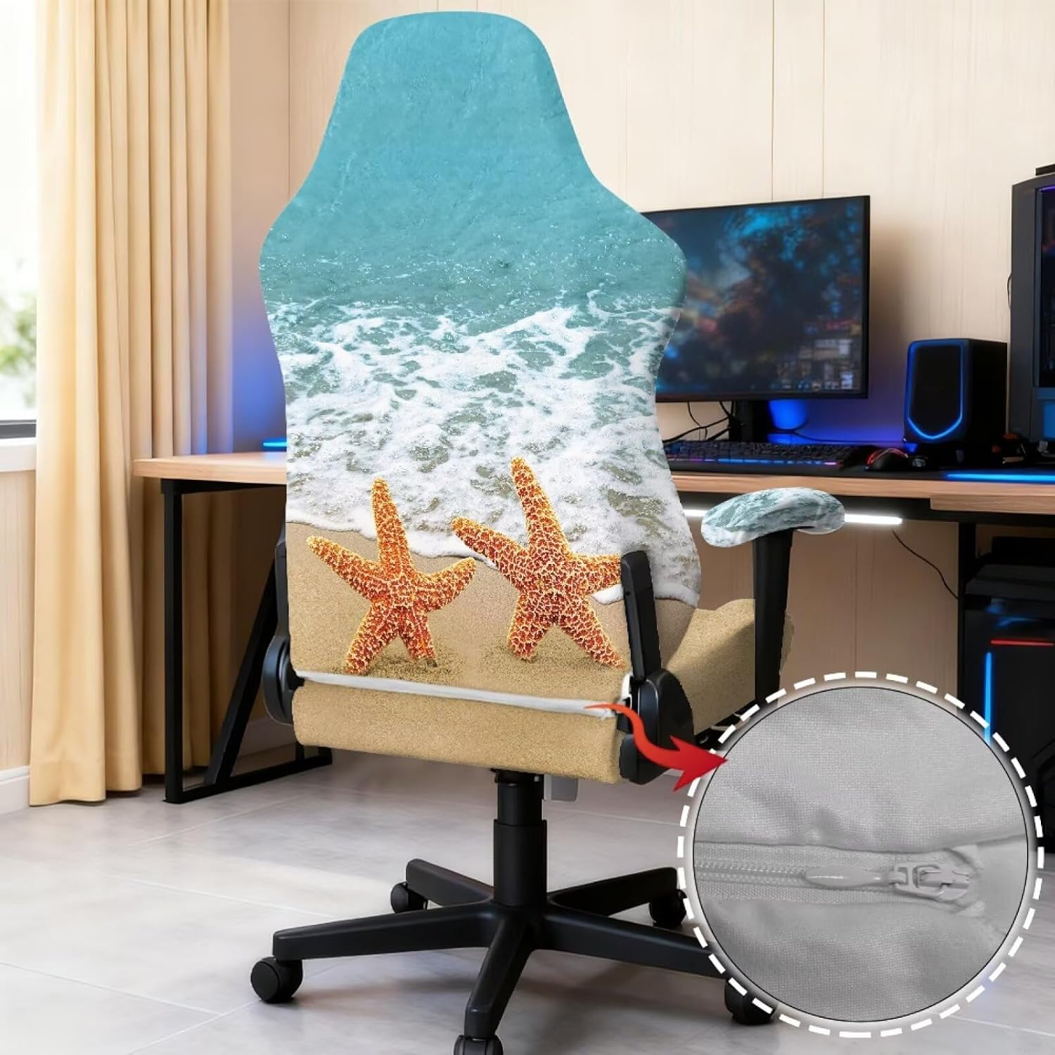 Beach Starfish Print Gaming Chair Covers Dustproof Stretch Gamer Armchair Slipcover with Arm Rest Covers Non-Slip Swivel Boss Chair Protector Covers