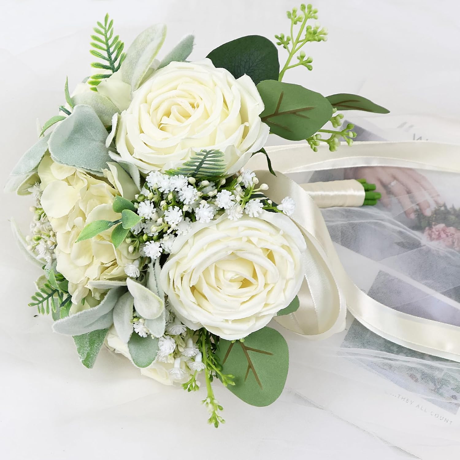 Wedding Bouquets for Bride Bridesmaid 8.5 Inch Ivory White Artificial Roses Flowers Bridal Bouquets for Bride Wedding Marriage Proposal Party Church Decoration