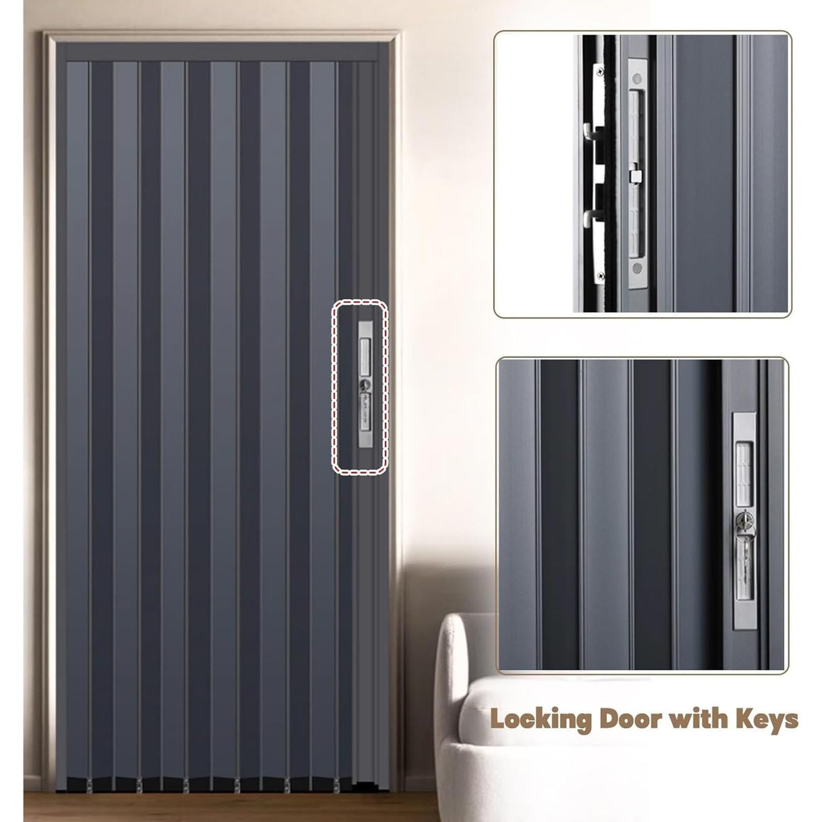 Puerta acordeón interior, puerta corrediza plegable blanca, puertas de acordeón interiores para armario, incluye herrajes y cerradura, puertas de acordeón, puerta aislada,28x80in(71x203cm)
