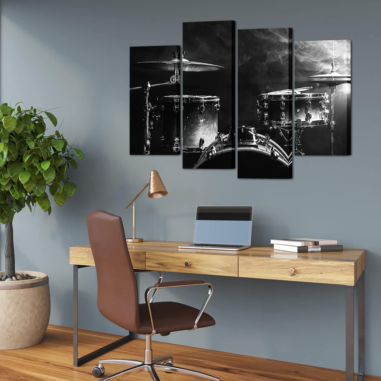 Biuteawal 4 Piece Music Canvas Wall Art Rock Band Shelf Drum Set Picture Prints Artwork Black and White Musical Instrument Modern Living Music Classroom Man cave Bedroom Decor Framed Ready to Hang