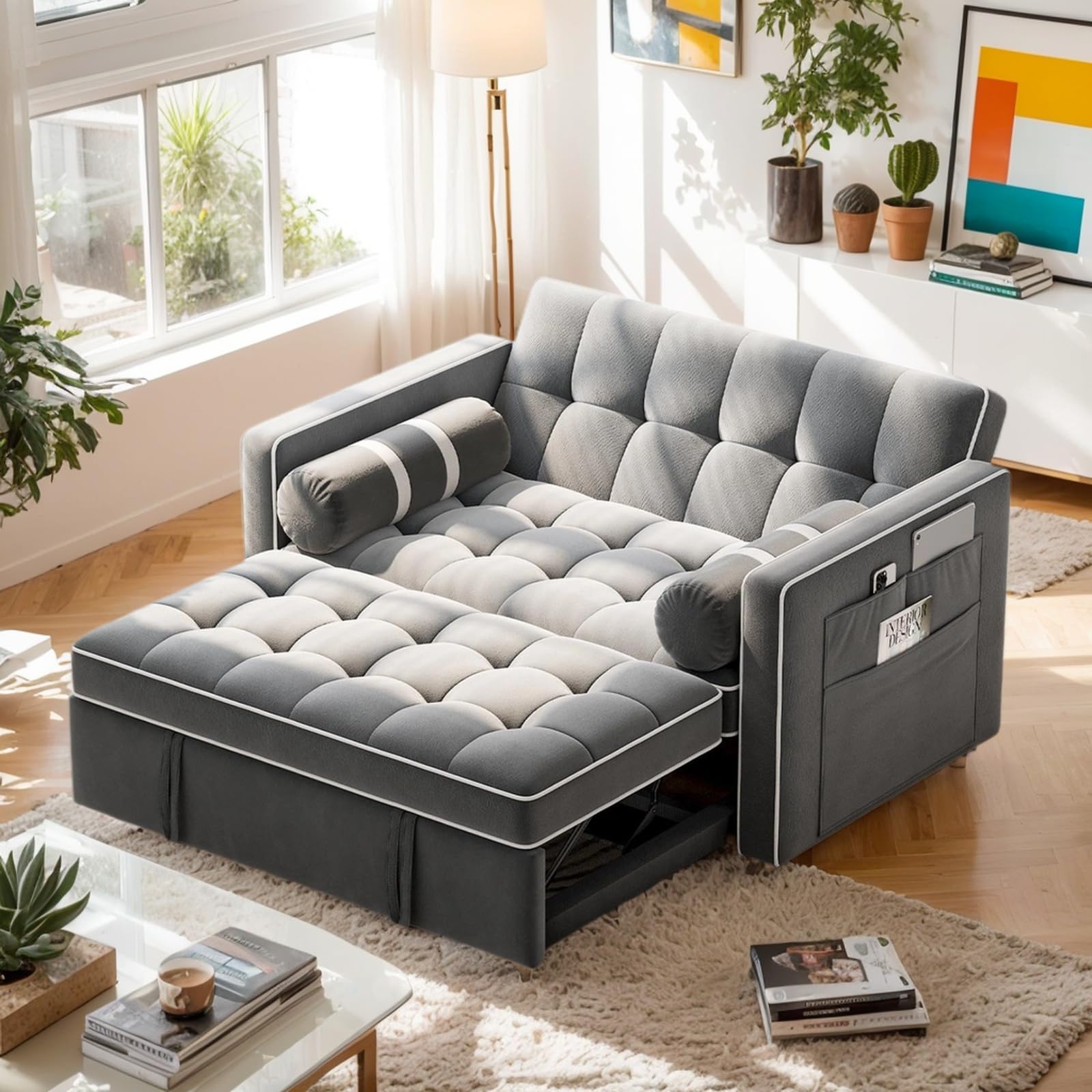 Pipishell 3 in 1 Sleeper Sofa Bed, Pull Out Couch with USB & Type-C Ports, Deep Seat Convertible Loveseat Sofa, Adjustable Backrest, Dual Side Pockets