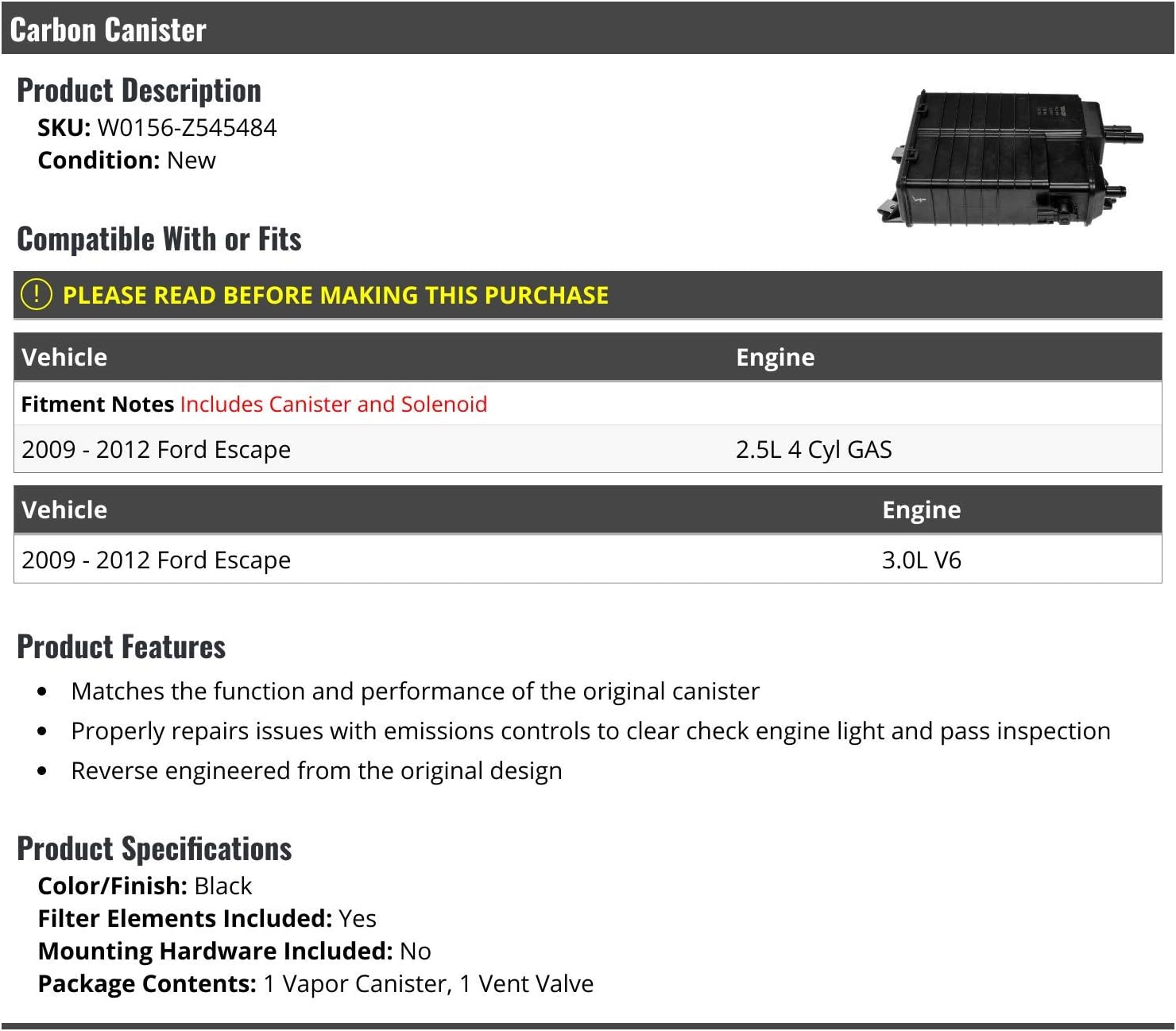 Marketplace Auto Parts - Carbon Canister - with Vent Valve Solenoid - Compatible with 2009-2012 Ford Escape 2.5L 3.0L