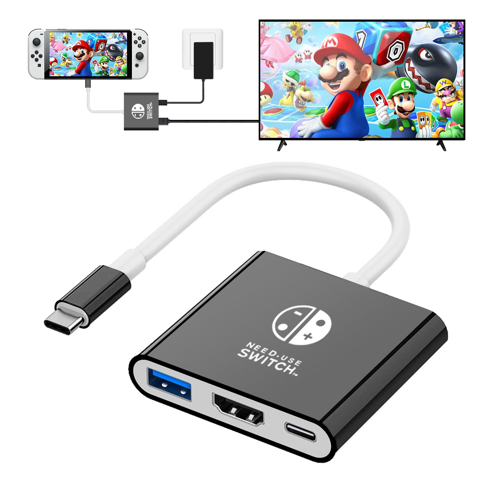Adattatore USB C a HDMI per switch NS/OLED, Dock 3 in 1 TV Switch Adattatore con cavo HDMI 4K, ricarica 100 W tipo C, compatibile con switch NS/OLED, Steam Deck, Smartphone, PC (nero)