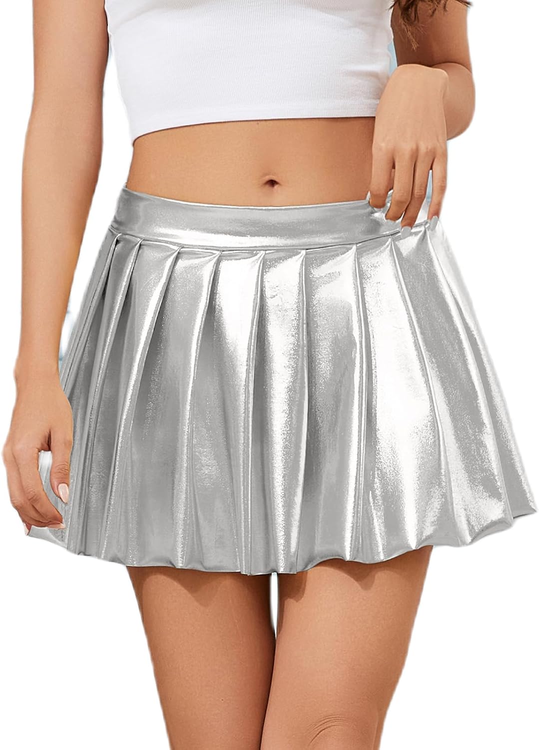 Metallic Pleated Skirt - Shiny Glitter Mini Skirt for Cheerleading, Party, Concert | A-Line Skirt | Multiple Colors