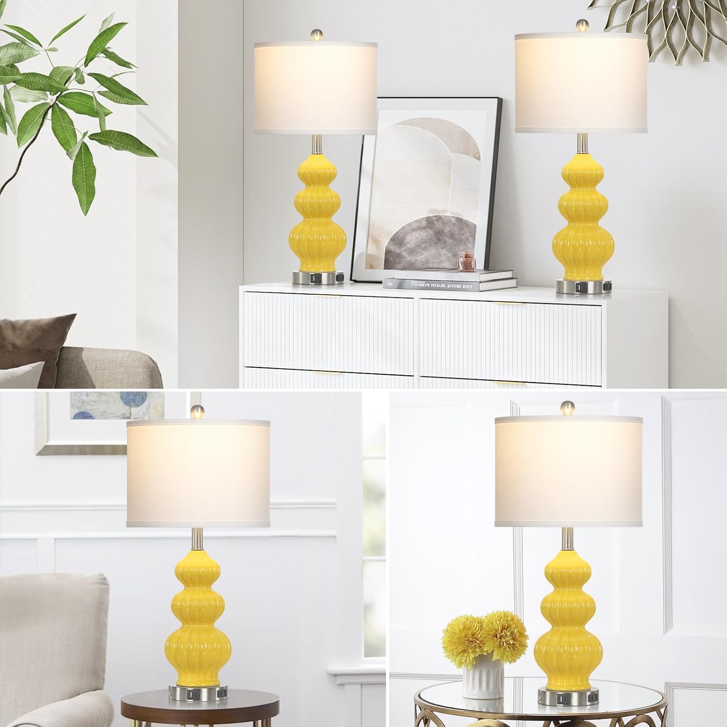 Cinyirong 26" Set of 2 Yellow Ceramic Table Lamps with USB A+C Ports & AC Outlet, 3-Way Dimmable Gourd Bedside Nightstand Lamps with White Shade for Bedroom, Living Room, Office