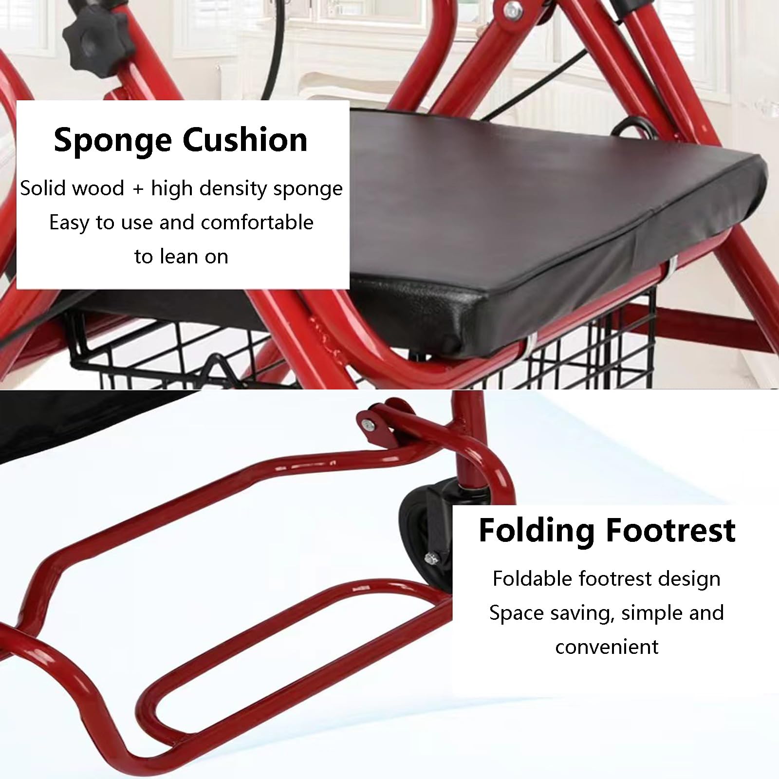 HAILM Rollator Walkers con Asiento Acolchado Extra Ancho y 4 Ruedas para Personas Mayores y Discapacidad, Easy Folding Mobility Aid Walker, Bolsa Almacenamiento, Ligero, Rojo