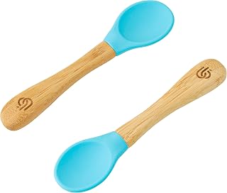 bamboo bamboo ® Cucharas De Destete Para Bebé, Set De 2 | Bambú Con Puntas De Silicona Suave | Mangos Ergonómicos De Fácil Agarre | Libre De BPA (Set De 2, Azul)