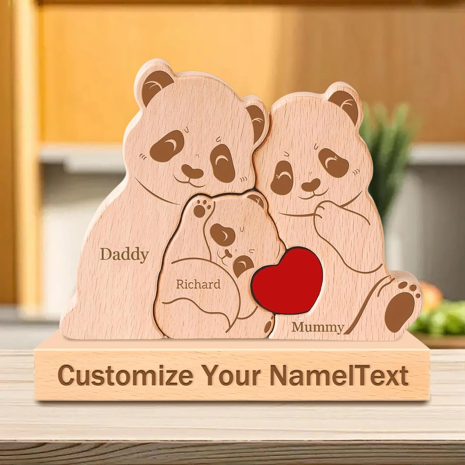 Personalized Wooden Bear Puzzle Custom Name with 2-7 Family Name Art Animal Jigsaw Sculpture Personalised Gifts for Mom Dad Grandma Mother’s Day Birthday Christmas Anniversary (Panda)