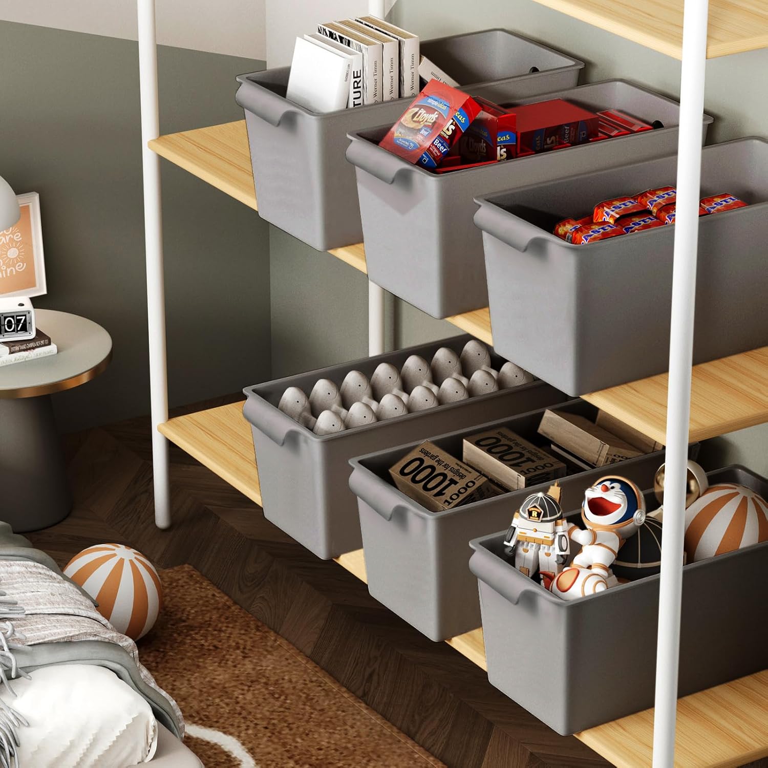 Plastic Storage Bins 6 Pack, Front Handle Design, 11"x5" Pantry Organization and Storage Open Top Baskets for Shelves Closet Cabinet Sink Counter Cupboard Drawer Rridge (Gray)