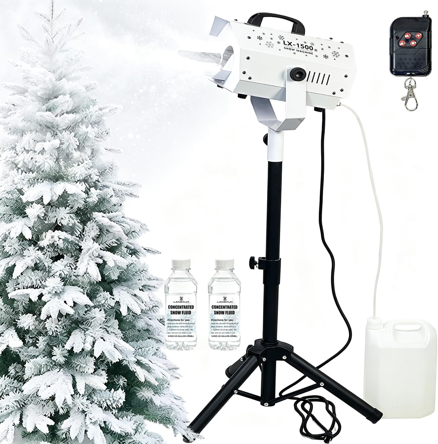 1500W Snow Machine with Stand, 2pcs Snow Fluid, Wireless & Manual Control