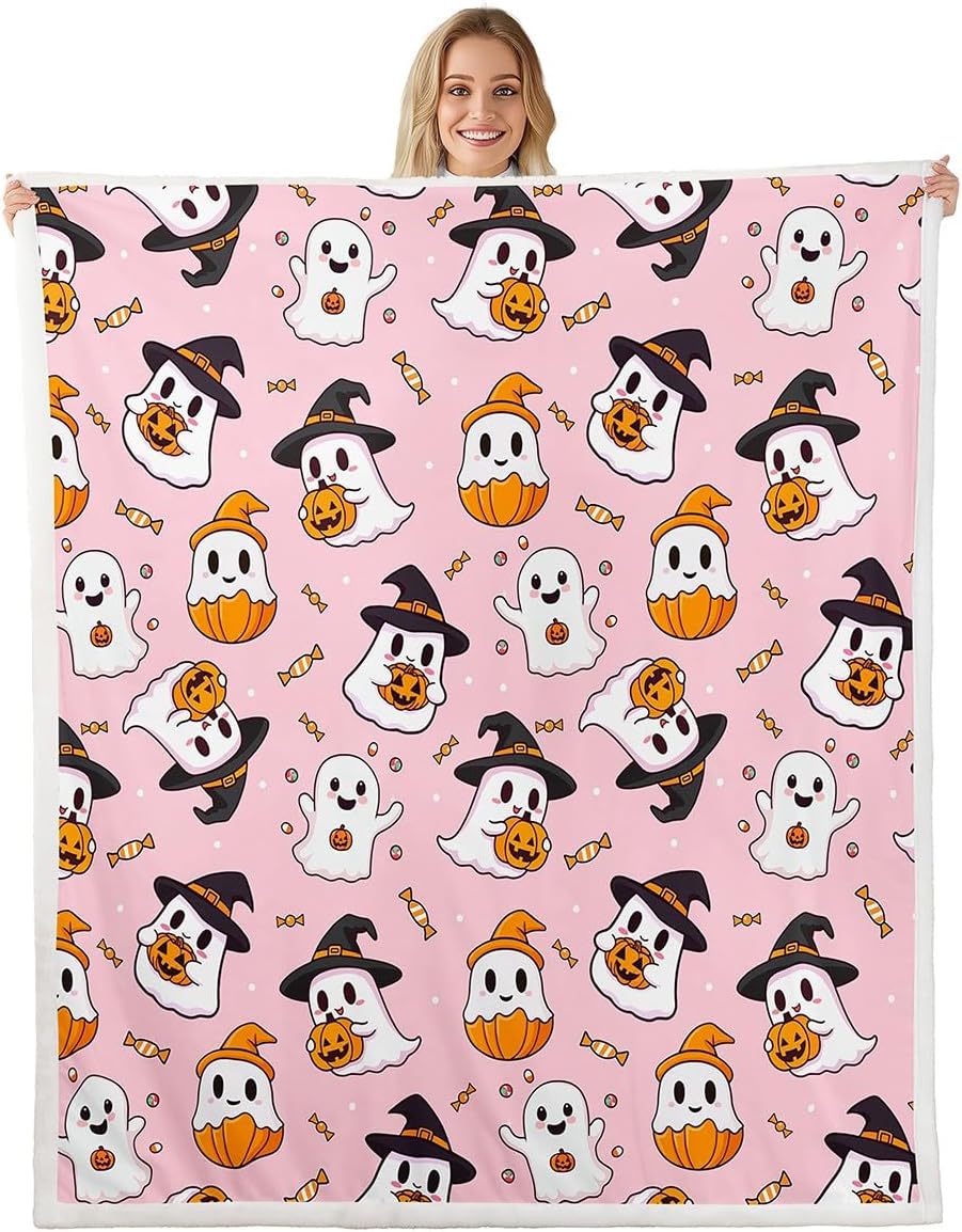 Feelyou Pumpkin Lantern Fleece Throw Blanket Queen 90"x90" Kids Bat Plush Blanket for Boys Girls Teens Orange Black Geometric Stripe Sherpa Blanket Halloween Theme Fuzzy Blanket