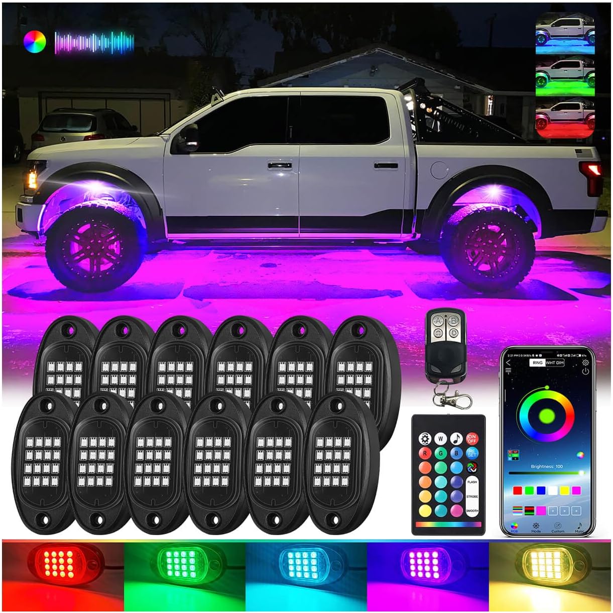 12Pods and 8Pods Segmented RGB LED Rock Lights Kit for Jeep Trucks Golf Cart ATV UTV RZR SUV Offroad Pickup Car, Multicolor Underglow Light with APP/RF Remote Control Neon Underbody 12V Waterproof