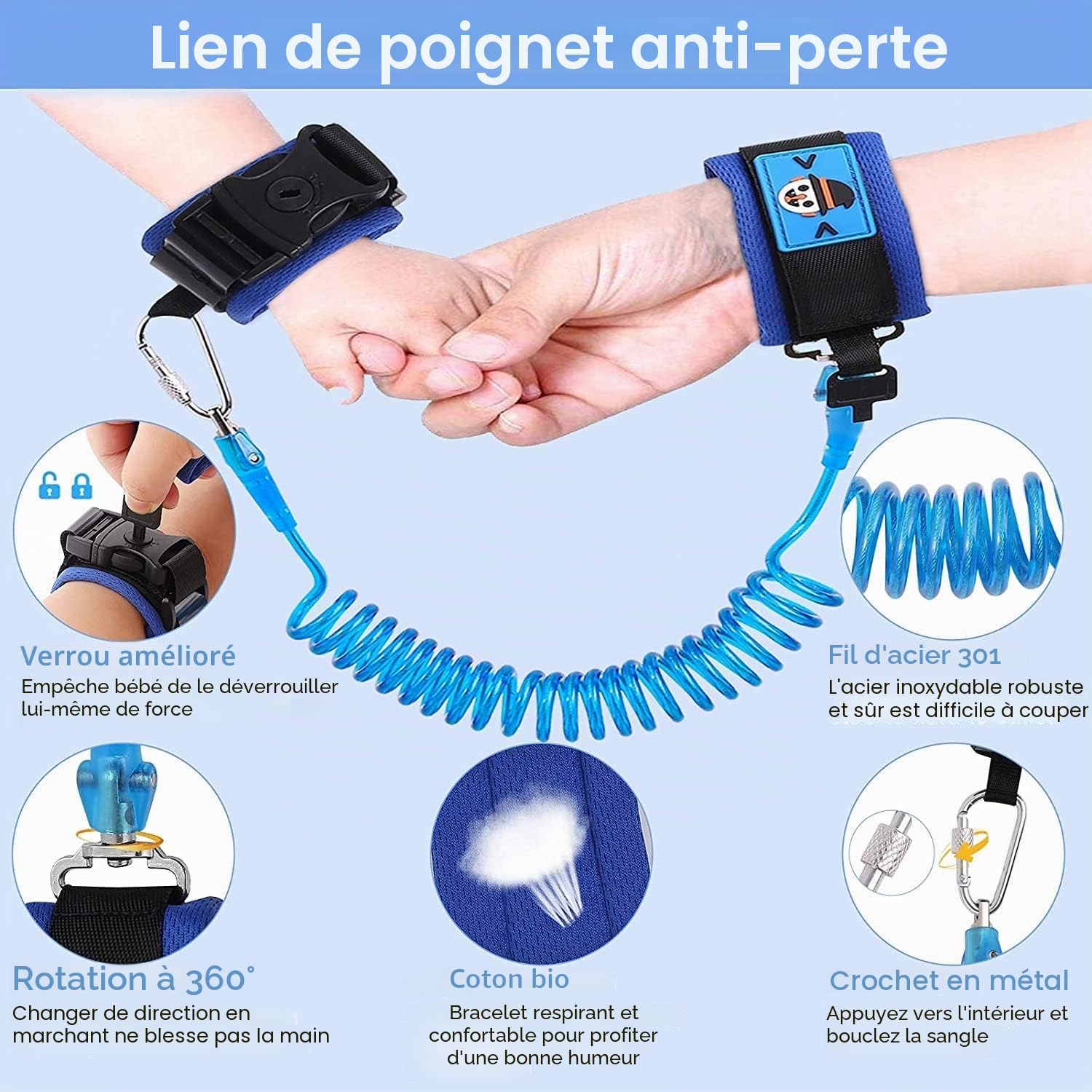 Laisse 3 en 1 pour enfant - Motif éléphant - Anti-perte - Avec poignet de sécurité - Harnais de course pour enfants - Laisse pour enfant avec cadenas de sécurité