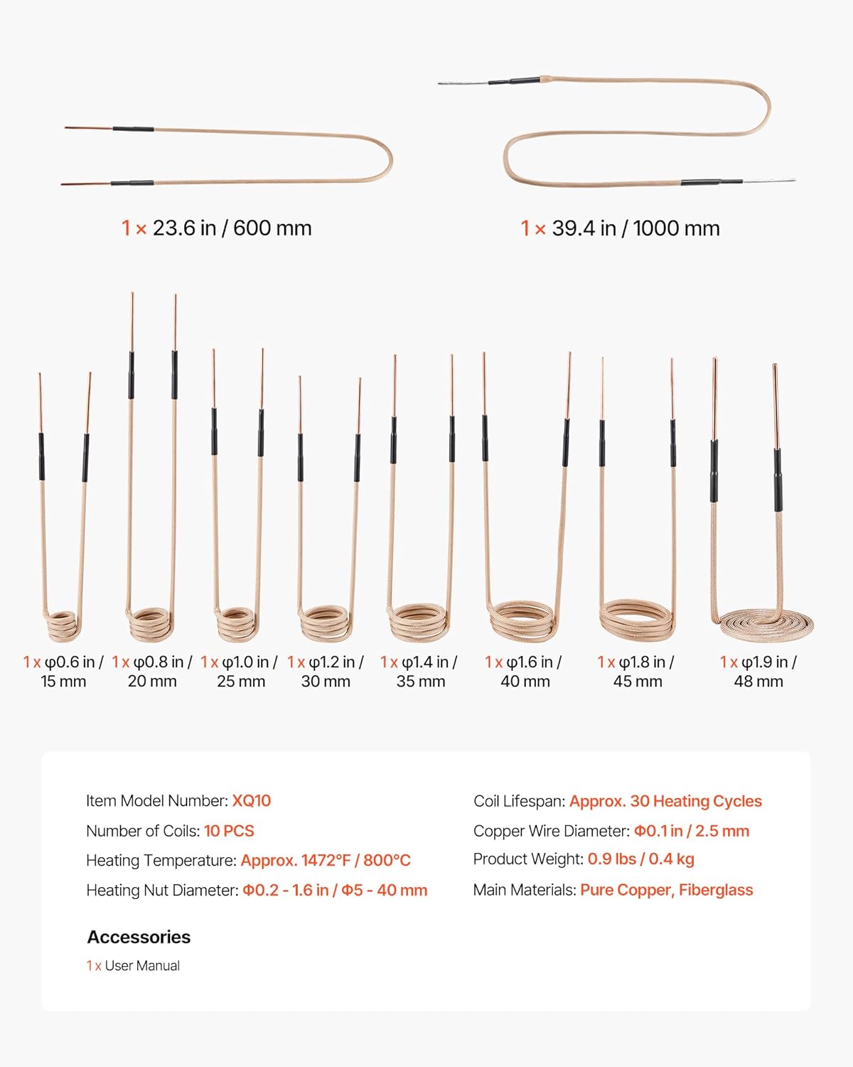 VEVOR 10Pcs Magnetic Induction Heater Coil, Inductor Heat Accessories, Mini Heater Coil Kit with Flexibility and Long Lifespan, for Removing Rusty Bolts and Nuts, 8 Coils + 1 U-Shaped + 1 Free Forming