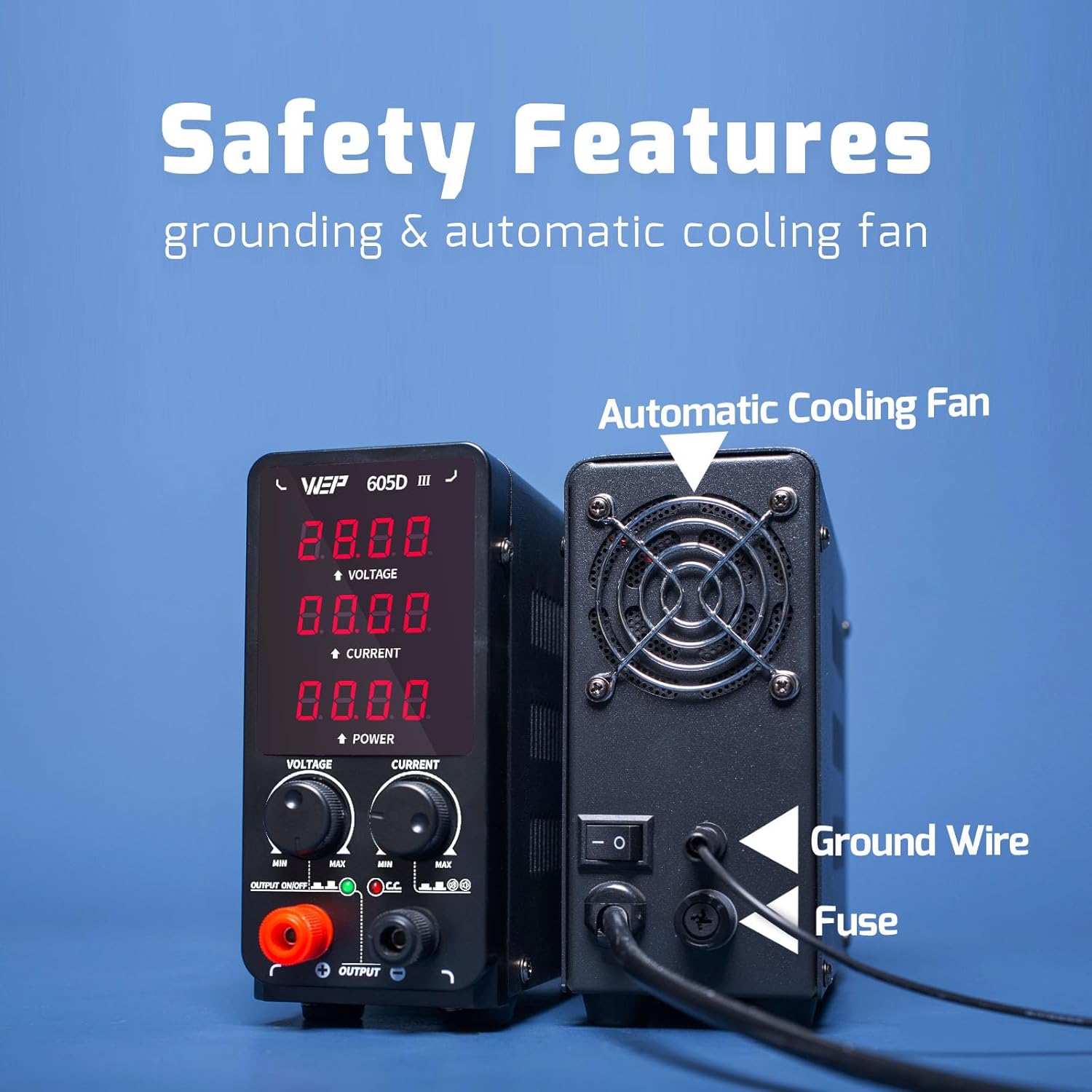 Rear view of the WEP 605D-III showing the automatic cooling fan and ground wire