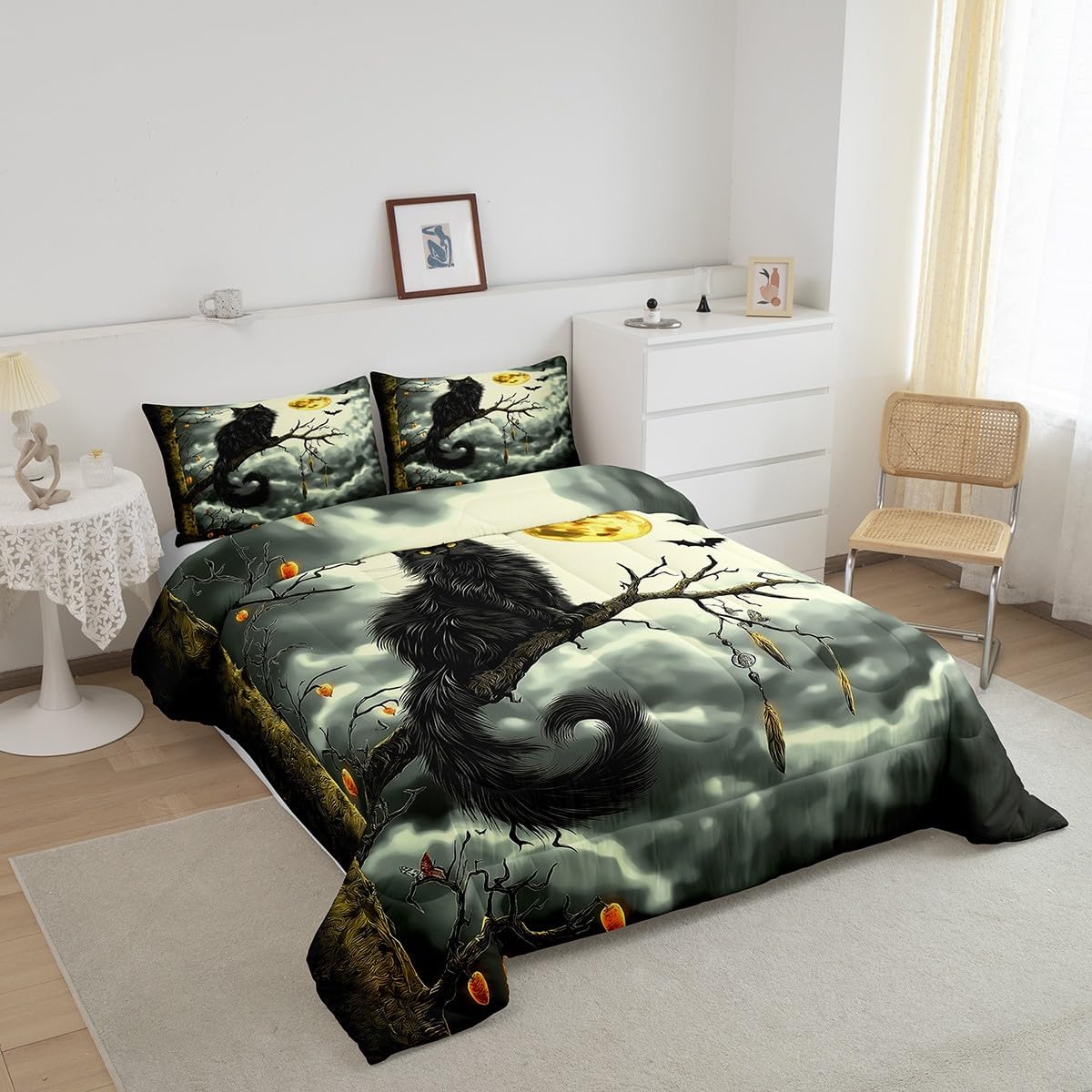 Erosebridal Black Cats Queen Size Comforter Set, Halloween Bats Moon Bedding Sets for Bedroom, Gothic Animals Sky Kids Teens Soft Bedding Comforter Sets, Golden Gray Clouds Festival Warm Duvet Insert