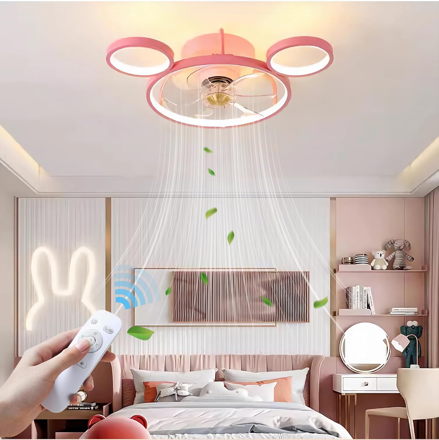 Pink Round Ceiling Fans with Lights Cartoon Mouse Fan Ceiling Light Cute Girl's Room Light for Kids Room with Remote Ceiling Fan Children's Room Living Bedroom Accessories