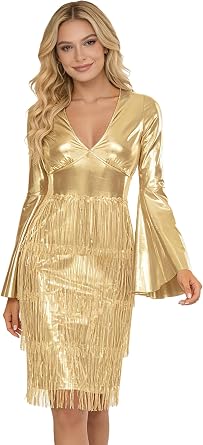 CHICTRY Womens Party Dress V Neck Disco Dress Metallic Shiny Tiered Sequin Tassel Graduation Sensual Outfit