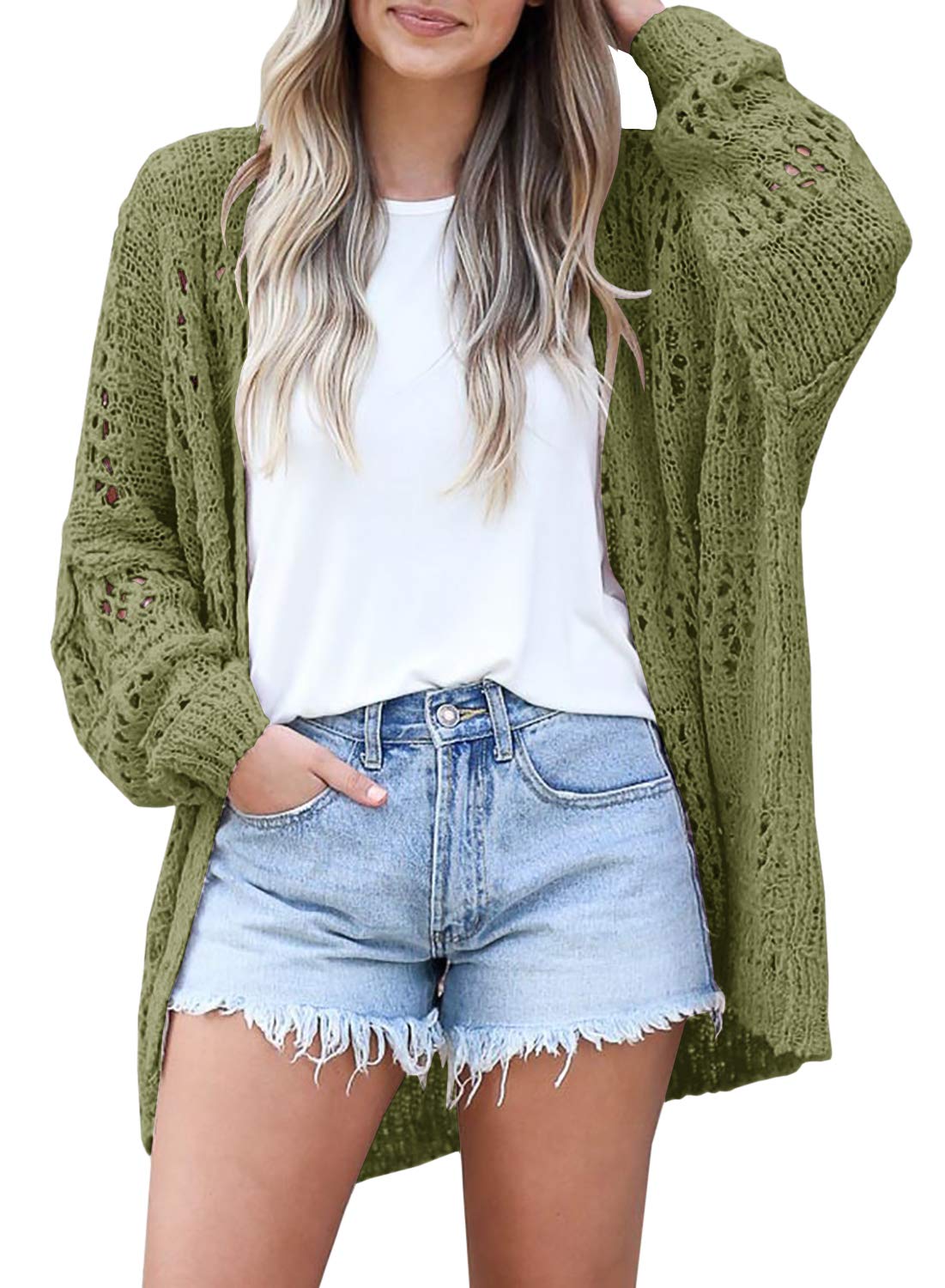 Mafulus Women's Crochet Cardigan Kimono Boho Long Sleeve Lightweight Soft Oversized Open Front Knitted Sweater